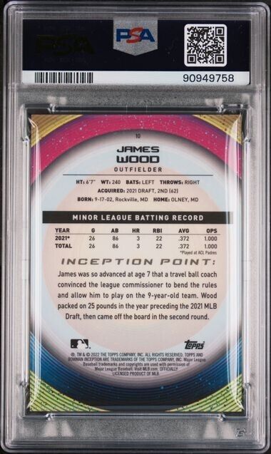 James Wood Blue Foil /99 RC PSA 9 2022 Bowman Inception