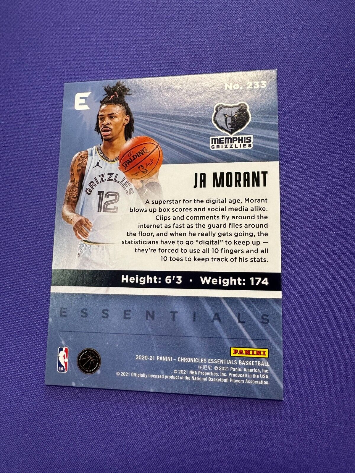 Ja Morant Purple /49 2020-21 Panini Chronicles Essentials