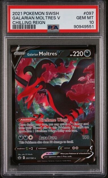 Galarian Moltres V Chilling Reign PSA 10 Pokemon Sword and Shield 2021 #97/198