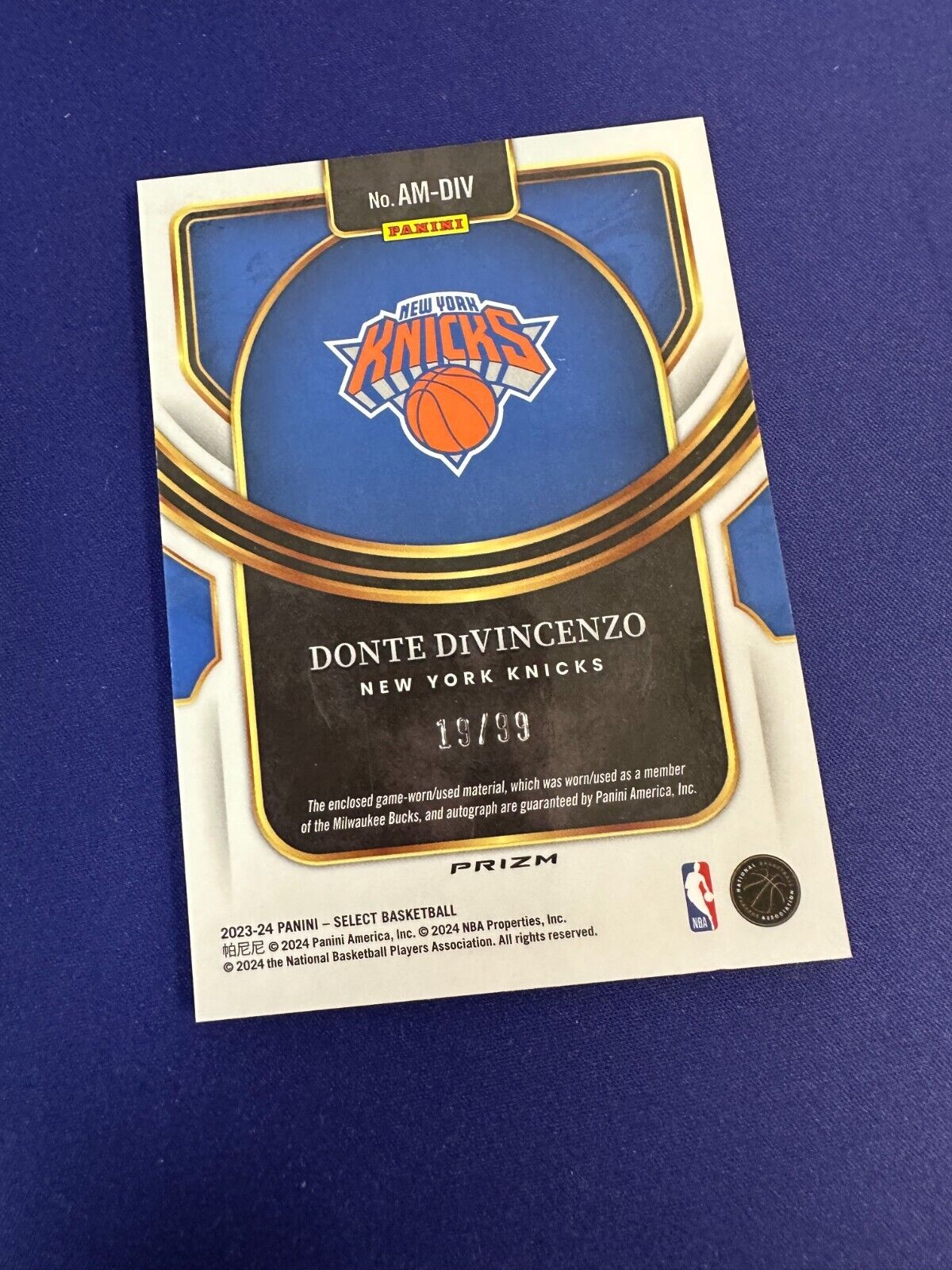 Donte DiVencenzo Purple /99 Patch AUTO Game Used 2023-24 Select