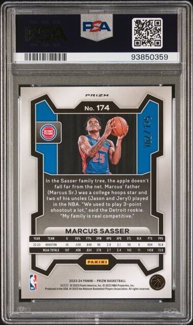 Marcus Sasser White Prizm /175 RC PSA 9 2023-24 Prizm