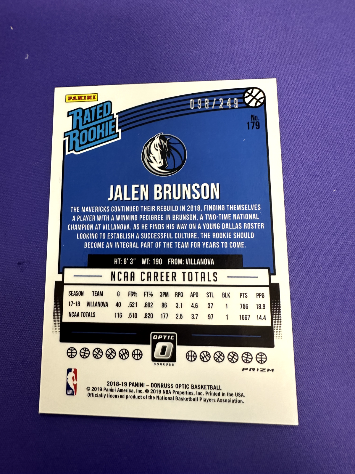 Jalen Brunson Scope /249 RC 2018-19 Donruss Optic