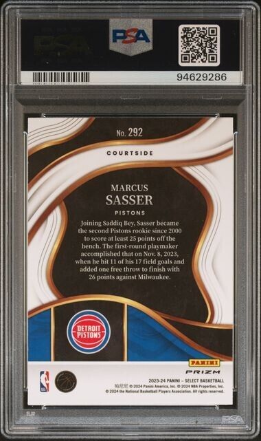 Marcus Sasser Courtside PSA 8 RC White Sparkle 2023-24 Select